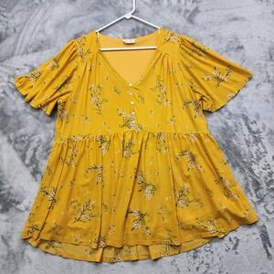 Siren Lily Top Womens 1X Yellow Floral Short Sleeve V-Neck Button Front Peplum